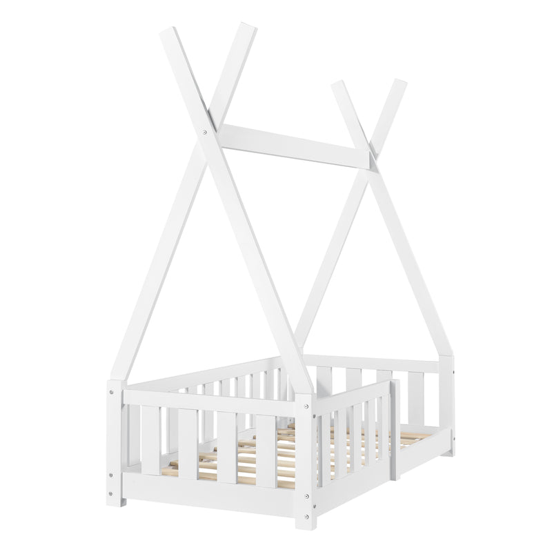 Szkic wymiarowy Łóżko dziecięce Helsingborg 70x140 cm tipi z zabezpieczeniem przed wypadnięciem drewno sosnowe biały en.casa