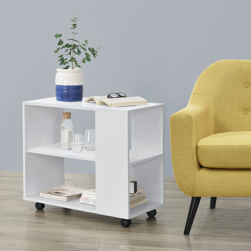 Szkic wymiarowy Stolik kawowy Älvdalen 60x70x35 cm dodatkowa półka i blokowane kółka Biały en.casa