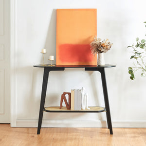 Stół konsolowy Taivalkoski 100x35x80 cm czarny/rattanowy [en.casa]