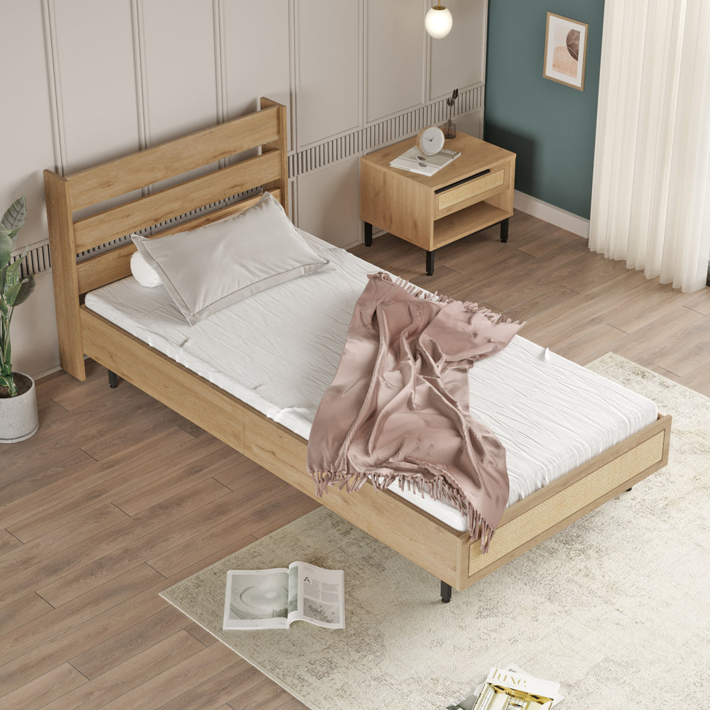 Łóżko pojedyncze Kvænangen 100x200 cm dąb / rattan - wygląd [en.casa] - premiumXL