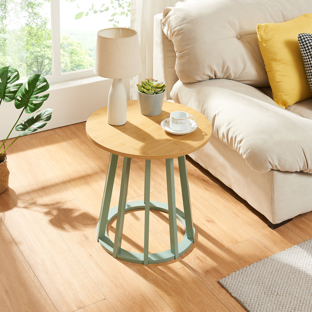 Stolik pomocniczy Lensuu 48xØ48 cm pastelowa zieleń/dąb [en.casa] - premiumXL