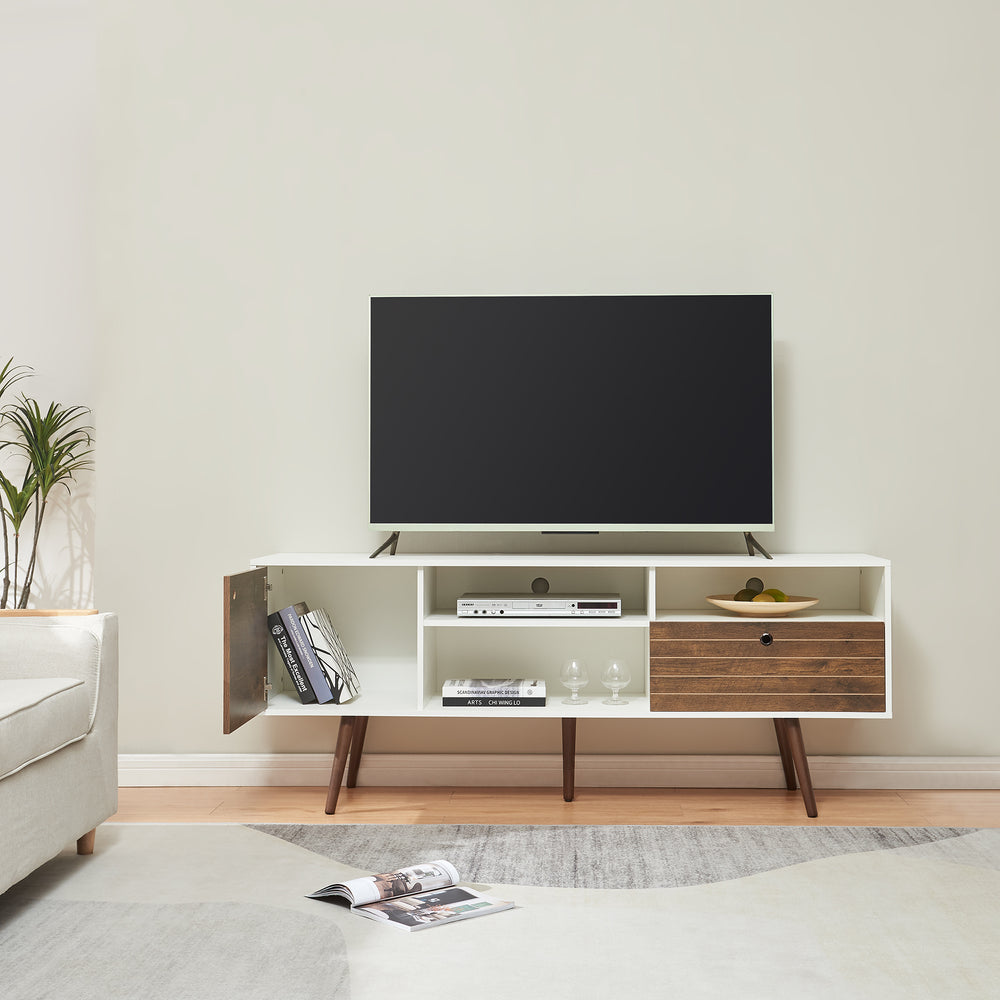 Szafka RTV Vare 165x40x66 cm biała/orzechowy dekor [en.casa] - premiumXL