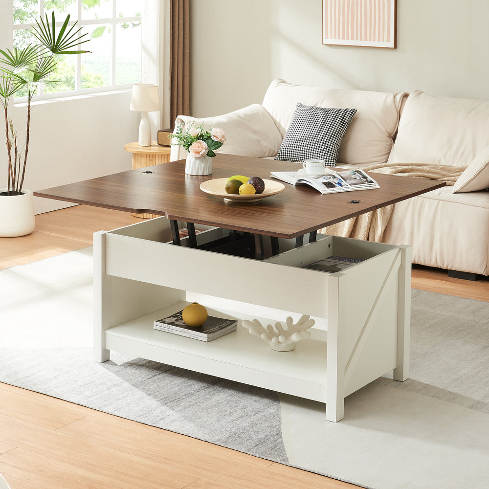 Stolik kawowy Kasama z podnoszonym blatem i schowkiem 110x55x54 cm w kolorze orzecha/białym [en.casa] - premiumXL