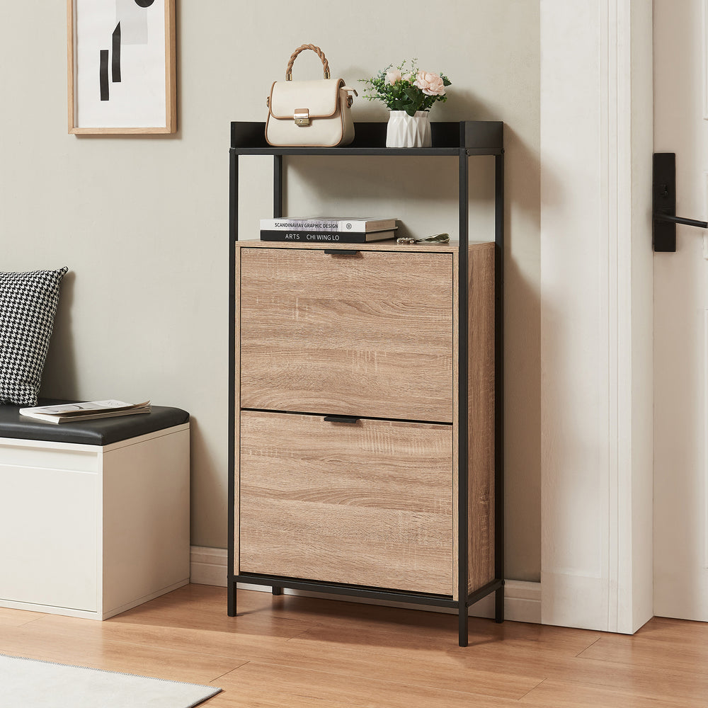 Szafka na buty Belana z 2 klapami 116x60x24 cm czarna/dąb [en.casa] - premiumXL
