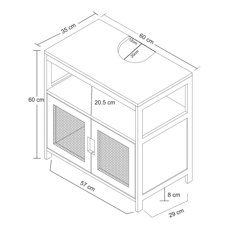 Szkic wymiarowy Szafka podumywalkowa Tervola 60x60x35 cm czarna/bambus [en.casa]