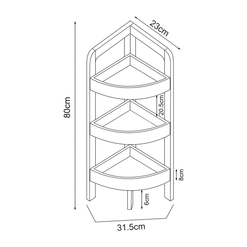 Szkic wymiarowy Tervola półka narożna 80x23x23 cm czarna/bambus [en.casa]