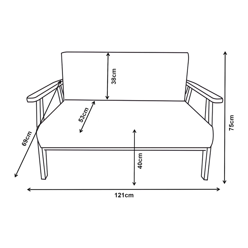Szkic wymiarowy Sofa 2-osobowa tapicerowana Kinda 121x69x75 cm szara [en.casa]
