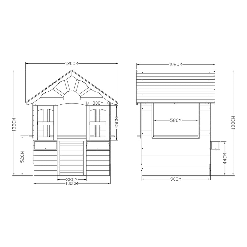Szkic wymiarowy Domek dla dzieci Vesa 138x120x102 cm drewno jodłowe szary [casa.pro]