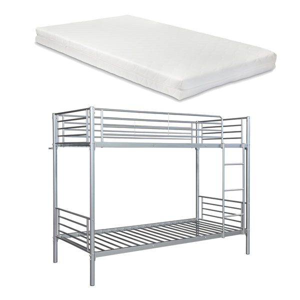 Łóżko piętrowe metalowe Soppsar z 2 materacami 200x90 cm srebrne [en.casa]