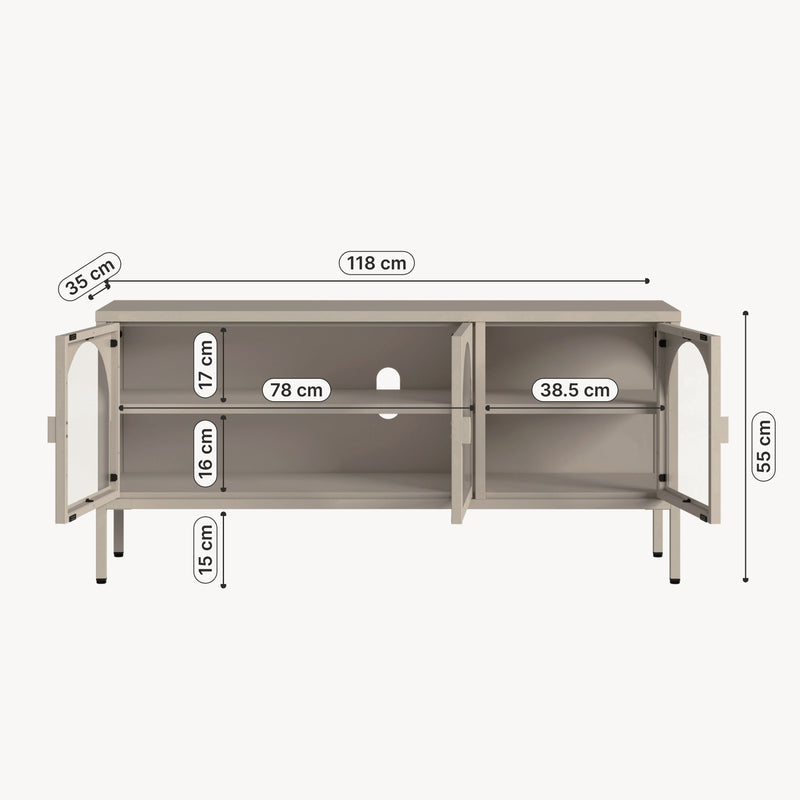 Szkic wymiarowy Witryna-komoda Klippestad stal 118x35x55 cm kolor wielbłądzi [en.casa]