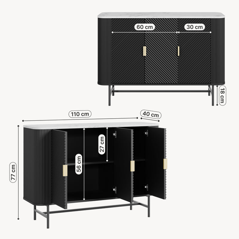 Szkic wymiarowy Sideboard Olvehok 110x40x77 cm czarny/efekt marmuru, biały [en.casa]