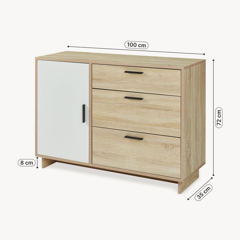 Szkic wymiarowy Kredens Kenta 100x35x72 cm Sonoma-dąb optyka/Biały [en.casa]