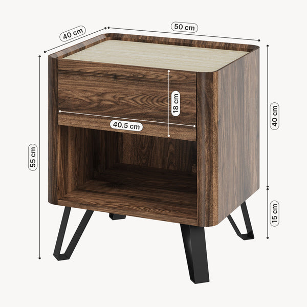 Stolik nocny Trorlon 55x50x40 cm w optyce orzecha/trawertynu [en.casa]