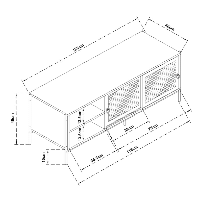 Szkic wymiarowy Szafka pod TV Tysnes 120x40x45 cm dąb/czarny [en.casa]