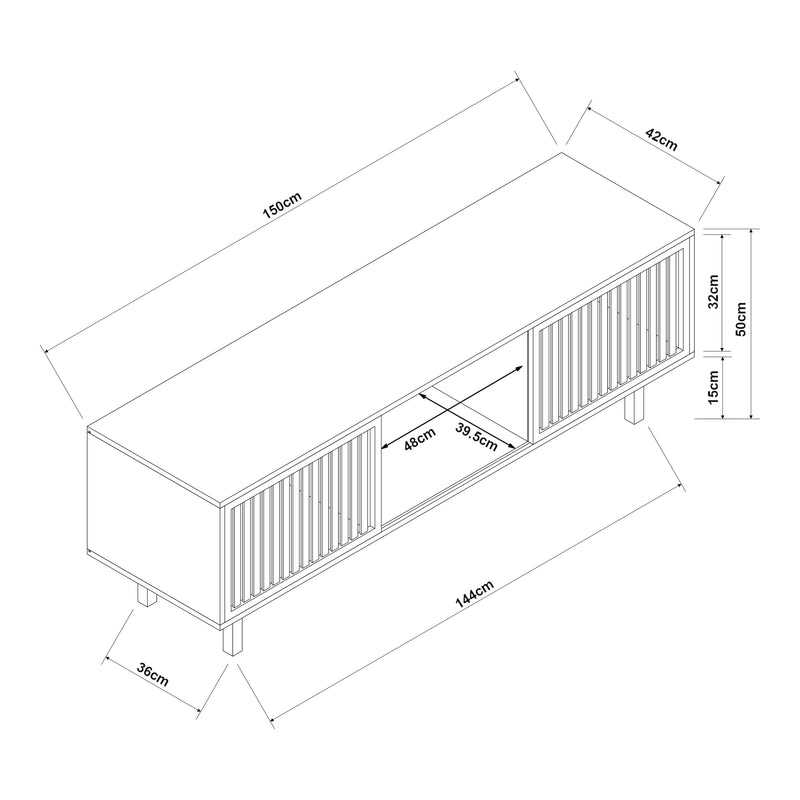 Szkic wymiarowy Szafka pod telewizor Ypäjä 150x42x50 cm naturalny bambus [en.casa]