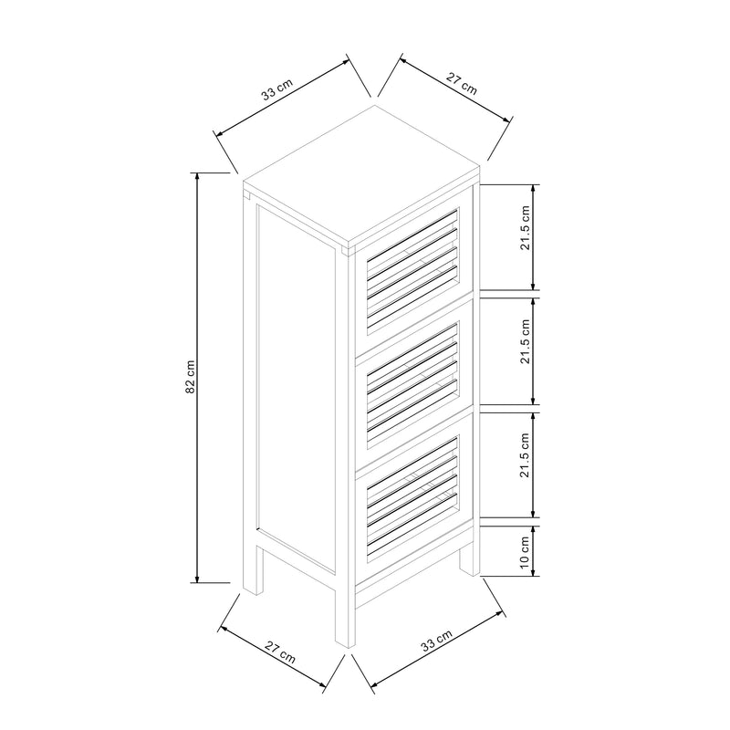 Szkic wymiarowy Szafka boczna z 3 drzwiami Ypäjä 82x33x27 cm bambus [en.casa]