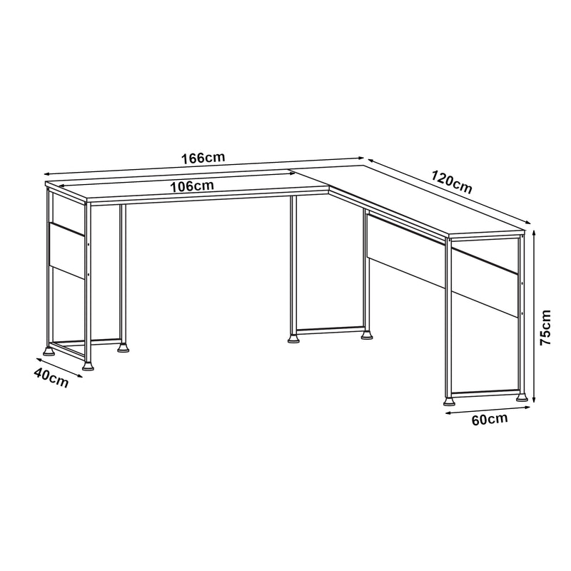 Szkic wymiarowy Biurko Karlstang w kształcie litery L 166x120x75 cm jasnoszare [en.casa]