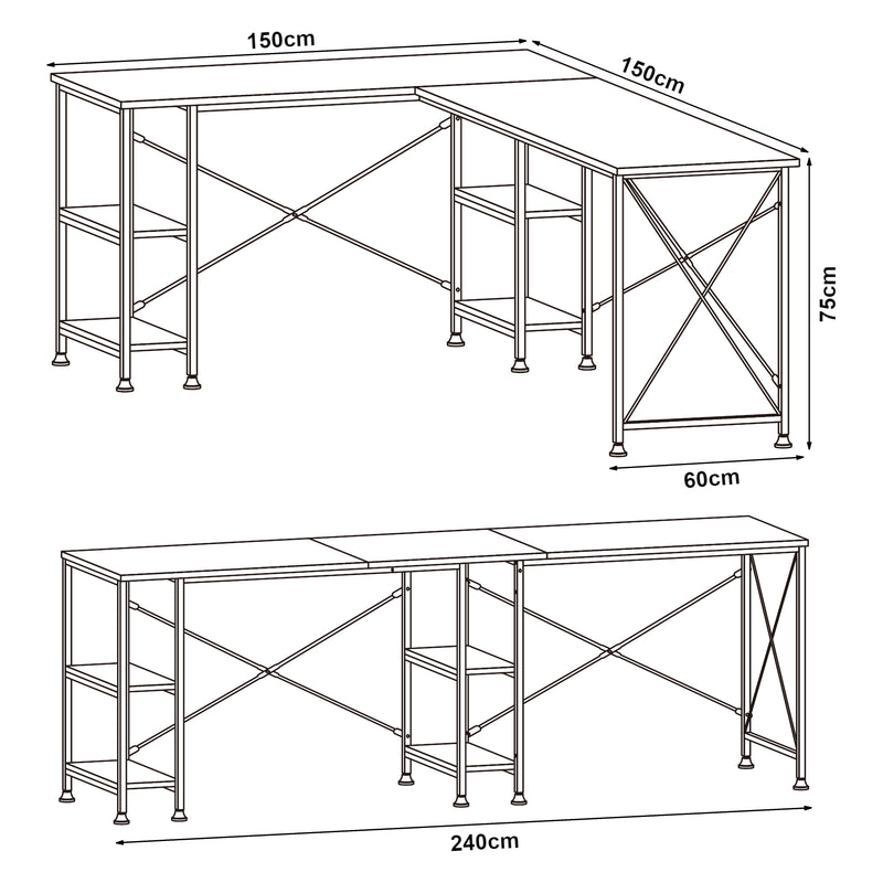 Szkic wymiarowy Biurko Klirurud z 2 półkami w kształcie litery L 150x150x75 cm dąb [en.casa]