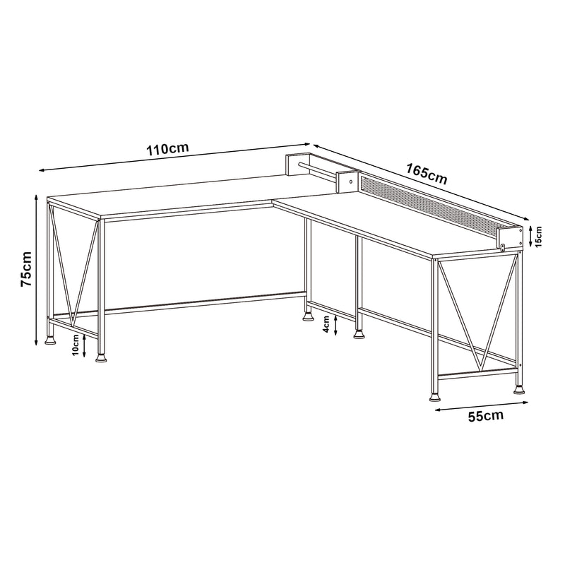 Szkic wymiarowy Biurko Frelvepirg z panelem tylnym w kształcie litery L 165x110x75 cm orzech [en.casa]