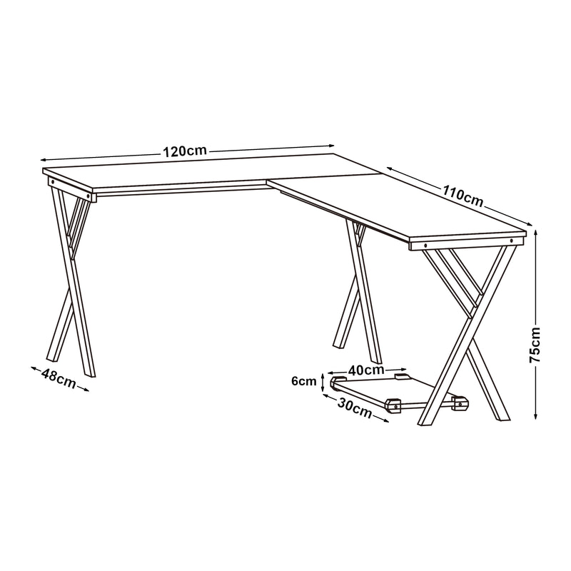 Szkic wymiarowy Biurko Tarielarg ze stojakiem na komputer w kształcie litery L 158x120x75 cm dąb [en.casa]