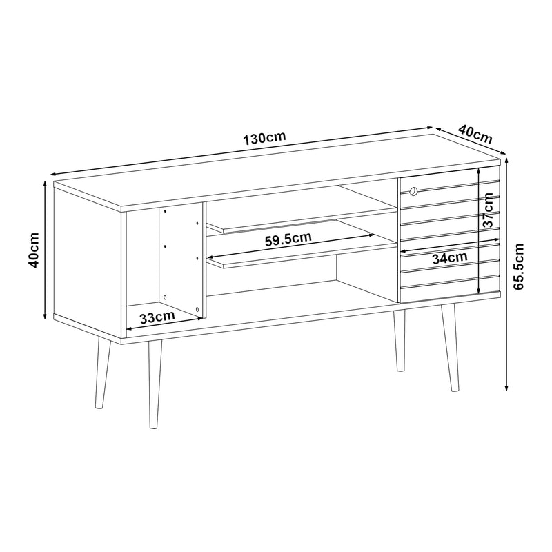 Szkic wymiarowy Szafka pod telewizor Vare 130x40x66 cm biała [en.casa]