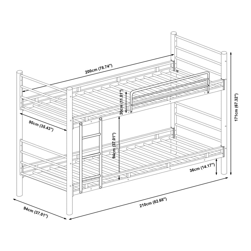 Szkic wymiarowy Metalowe łóżko piętrowe Bevapis 90x200 cm czarne [en.casa]