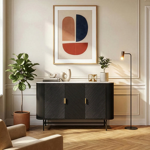 Sideboard Olvehok 110x40x77 cm czarny/efekt marmuru, biały [en.casa]