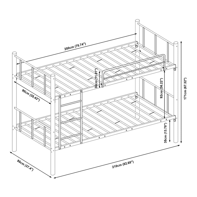 Szkic wymiarowy Berimma metalowe łóżko piętrowe z 2 materacami 90x200 cm czarne [en.casa]