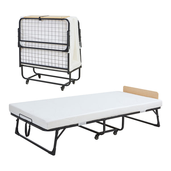 Metalowe łóżko składane Lustendi z materacem 200x90cm czarny/dąb [en.casa]