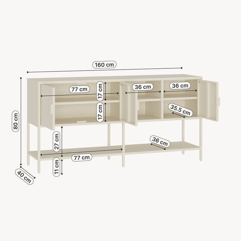 Szkic wymiarowy Sideboard Kliri stal 160x40x80 cm kremowobiały [en.casa]
