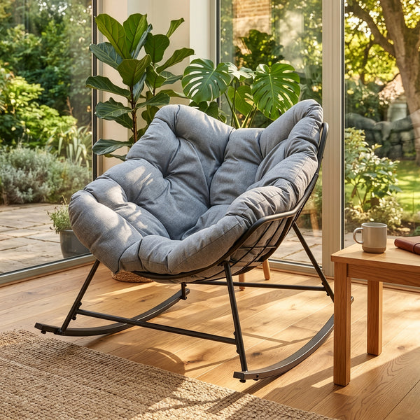Fotel bujany kosz Villeneuve 85x90x91 cm Czarny/Szary [en.casa]