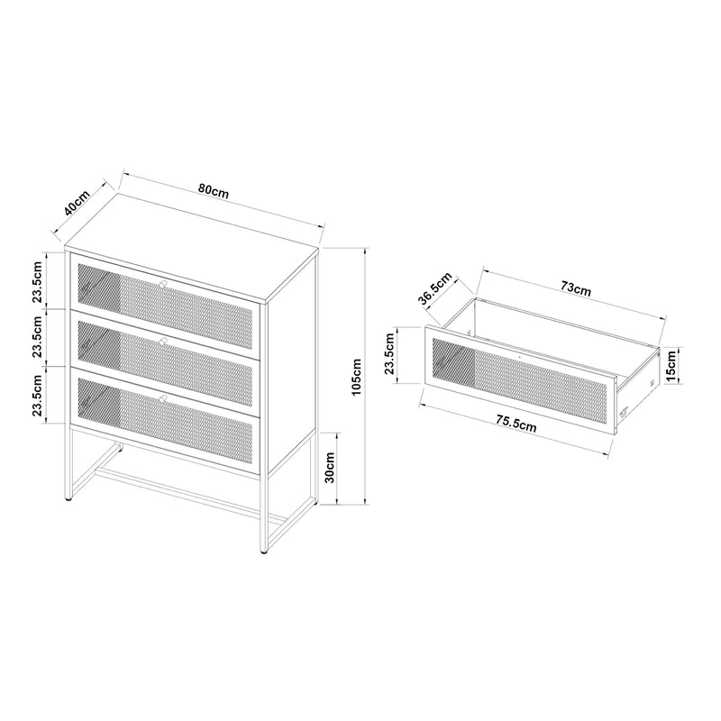 Szkic wymiarowy Szafka biurowa Sund z 3 szufladami 105x80x40 cm Szara [en.casa]