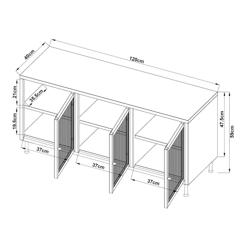 Szkic wymiarowy Szafka pod TV Lindau stal 120x40x59 cm kremowa biel [en.casa]