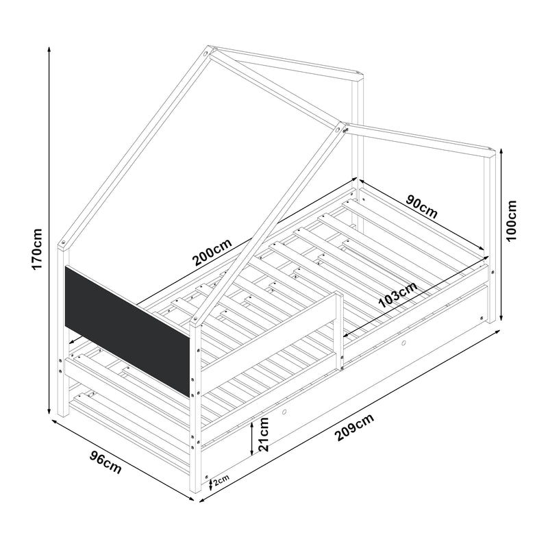 Szkic wymiarowy Łóżko domowe Sodankylä z wysuwanym łóżkiem i 2 materacami 90x200cm [en.casa]