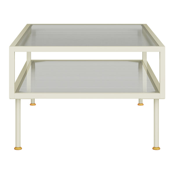 Stolik kawowy Lindau stalowy ze szklanym blatem 100x50x46 cm kremowy biały [en.casa]