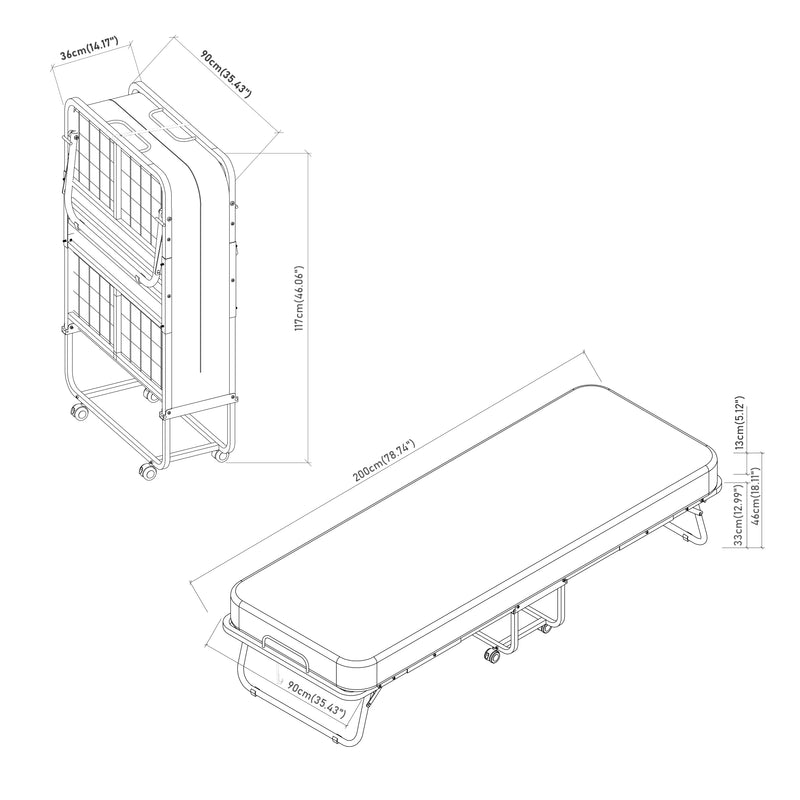 Szkic wymiarowy Metalowe łóżko składane Borjavle z materacem 200x90cm czarne [en.casa]