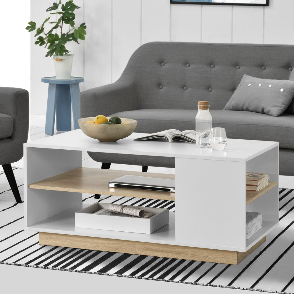 Stolik kawowy Trelleborg 100x60x46 cm z 2 półkami Biały/Dąb en.casa - premiumXL
