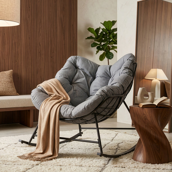 Fotel bujany kosz Villeneuve 85x90x91 cm Czarny/Szary [en.casa]