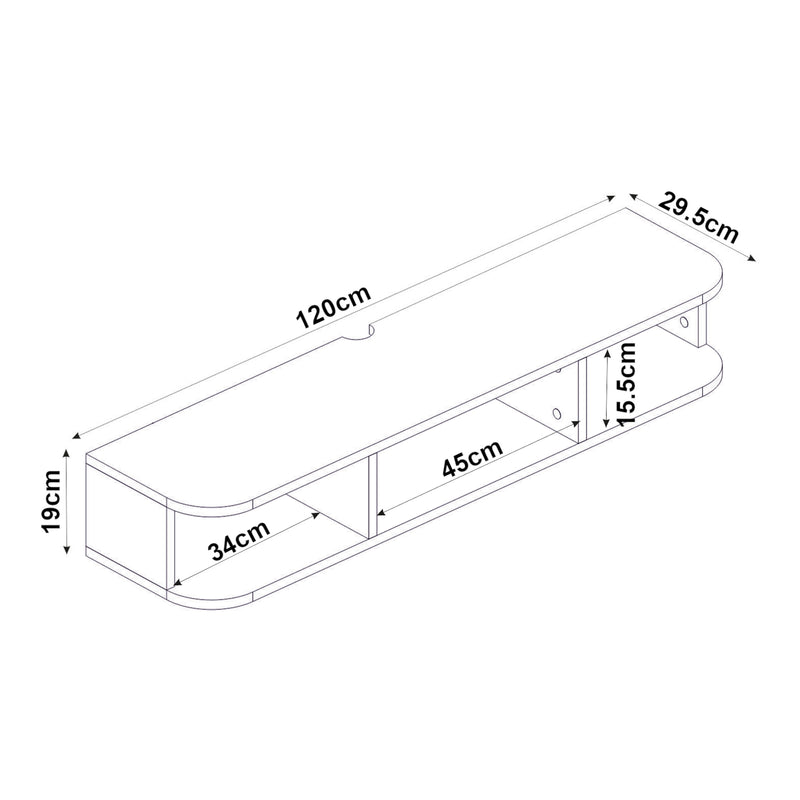 Szkic wymiarowy Wisząca szafka RTV Oundsvas 120x30x19 cm biała [en.casa]