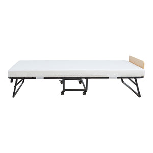 Metalowe łóżko składane Lustendi z materacem 200x90cm czarny/dąb [en.casa]