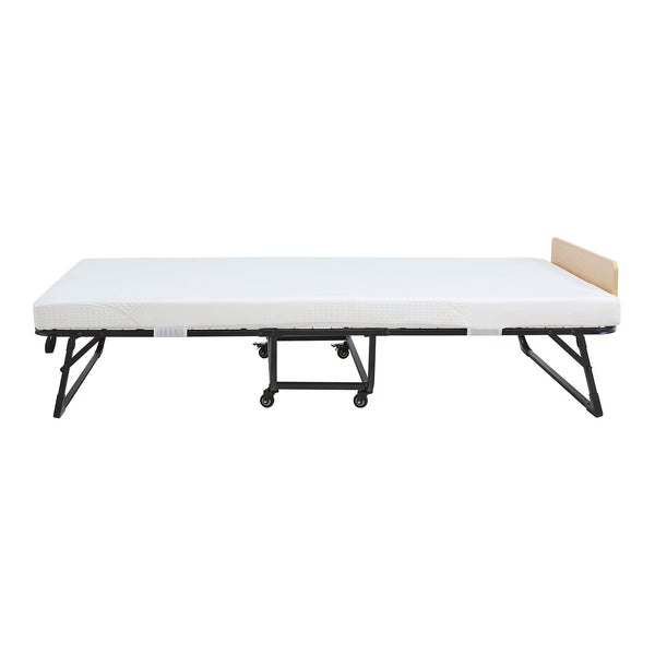 Metalowe łóżko składane Lustendi z materacem 200x90cm czarny/dąb [en.casa]