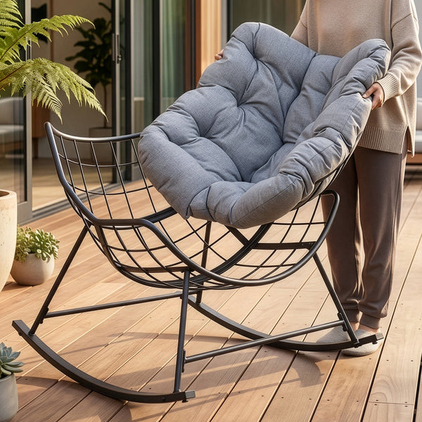 Fotel bujany kosz Villeneuve 85x90x91 cm Czarny/Szary [en.casa]
