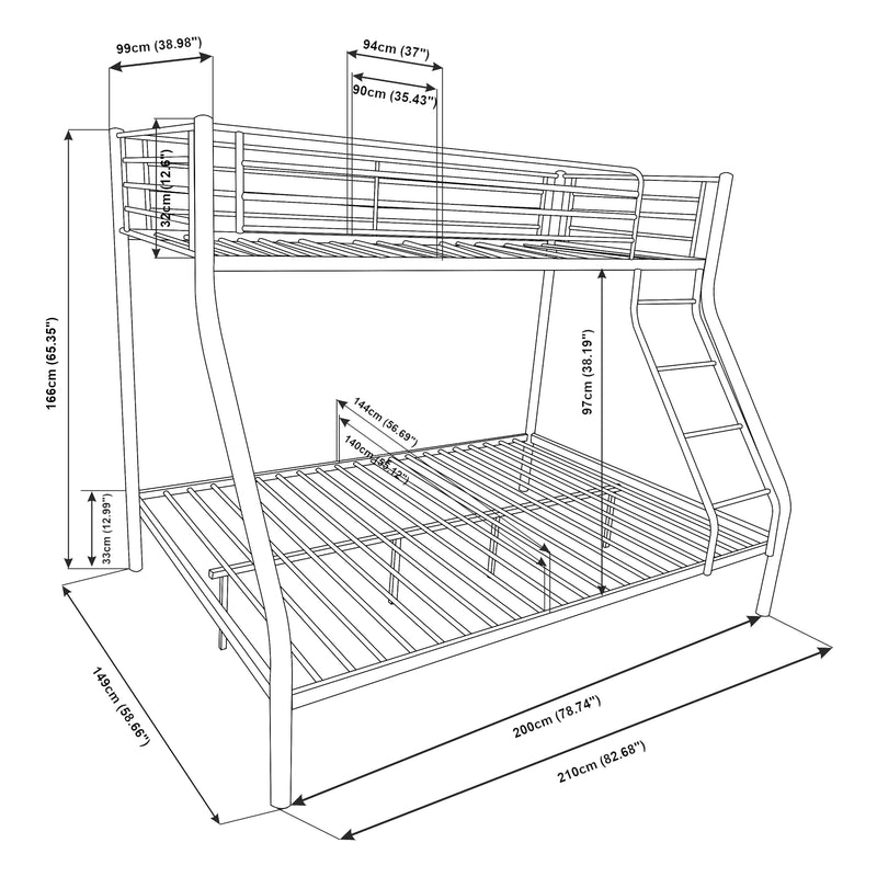 Szkic wymiarowy Sortland 200x140/90 cm metalowe łóżko piętrowe z materacem [neu.haus]