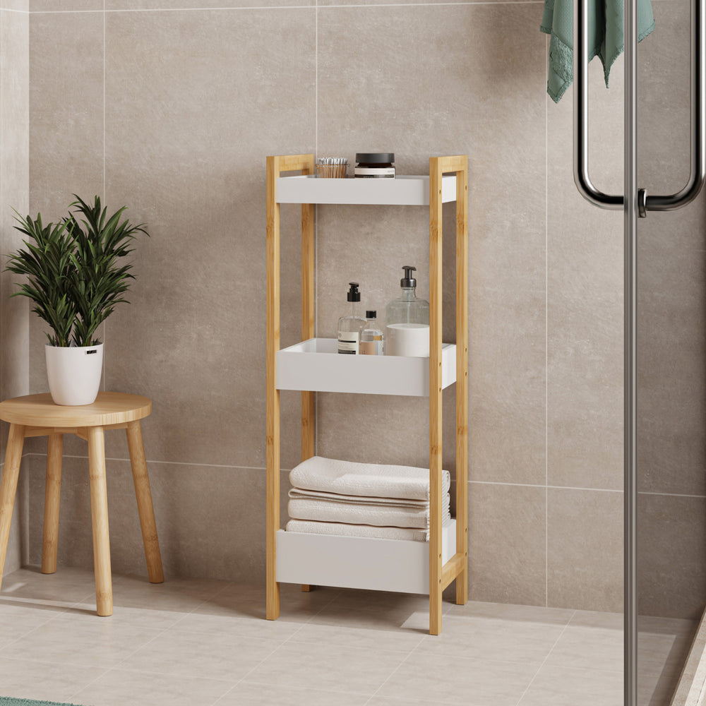 Regał łazienkowy Anun z 3 półkami 75x28x20 cm bambus naturalny/biały [en.casa]
