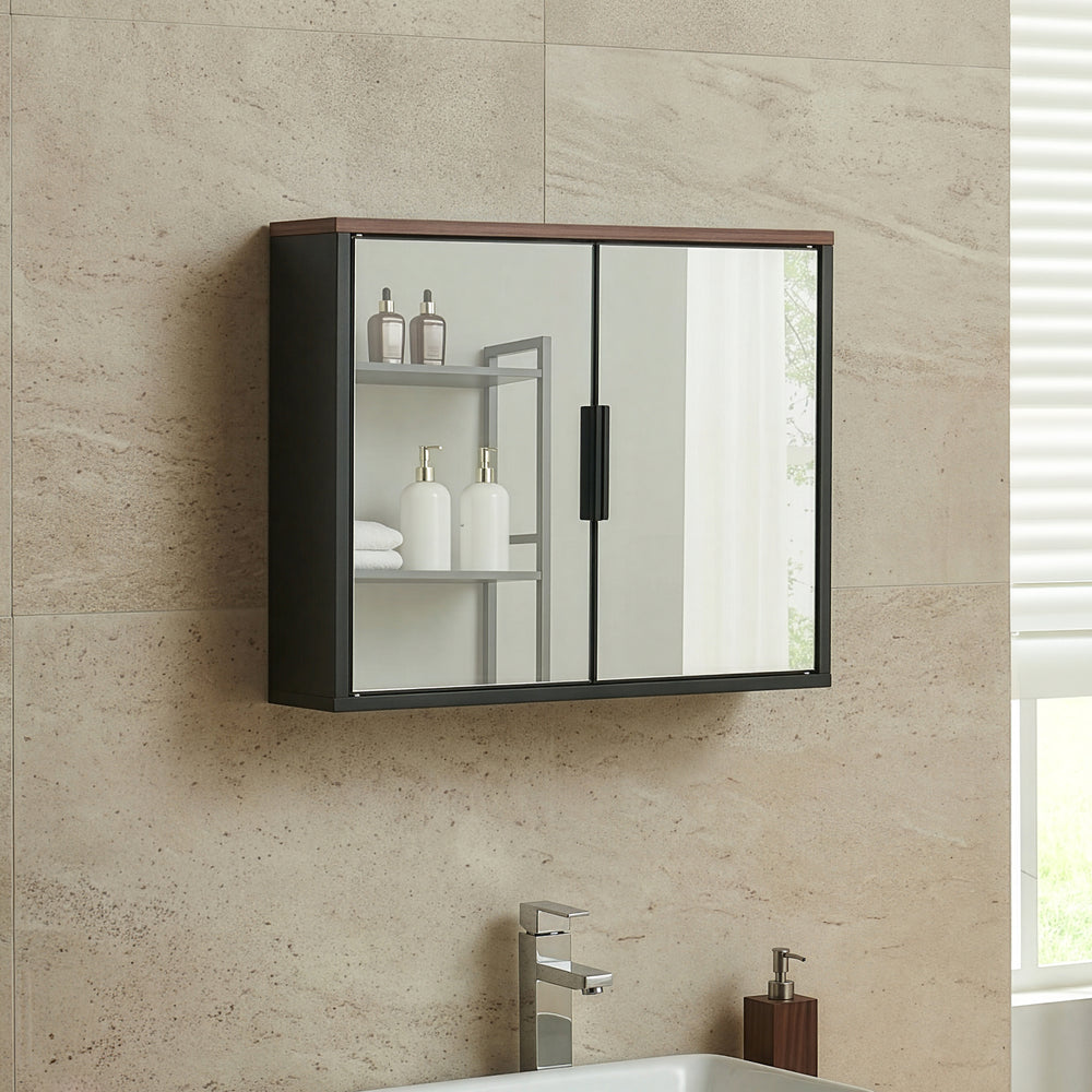 Szafka z lustrem Trond 50x60x15 cm Czarny/Orzechowy wygląd [en.casa]