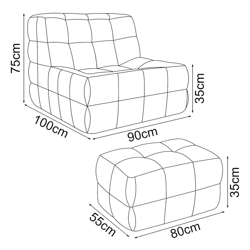Szkic wymiarowy Fotel podłogowy z podnóżkiem Koskyvn textile [en.casa]