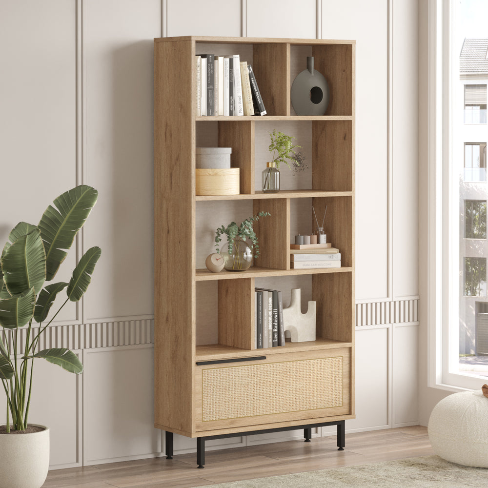 Regał na książki Kvænangen 176x84x30 cm dąb/rattan [en.casa] - premiumXL