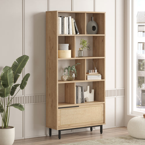 Regał na książki Kvænangen 176x84x30 cm dąb/rattan [en.casa] - premiumXL