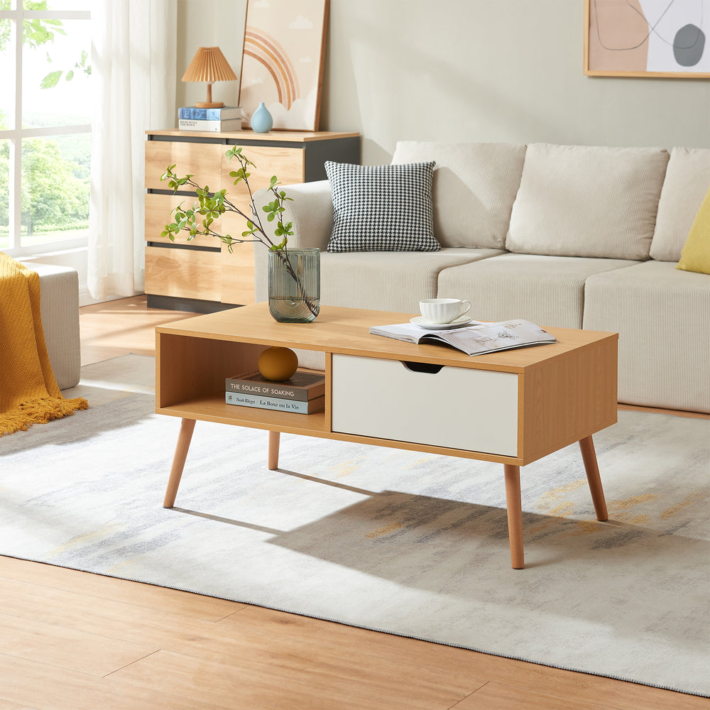 Stolik kawowy Bordkak z szufladą 100x48x45 cm dąb optyczny/biały [en.casa]
