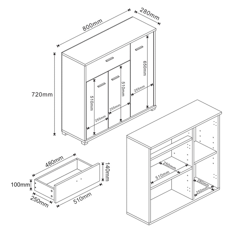 Szkic wymiarowy Kredens Bobeck 72x80x28 cm [en.casa]